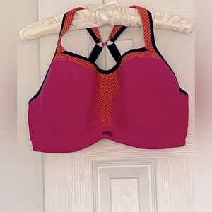 Panache sports bra-most support ever! J Hook. Size 38 F pink orange and blue.